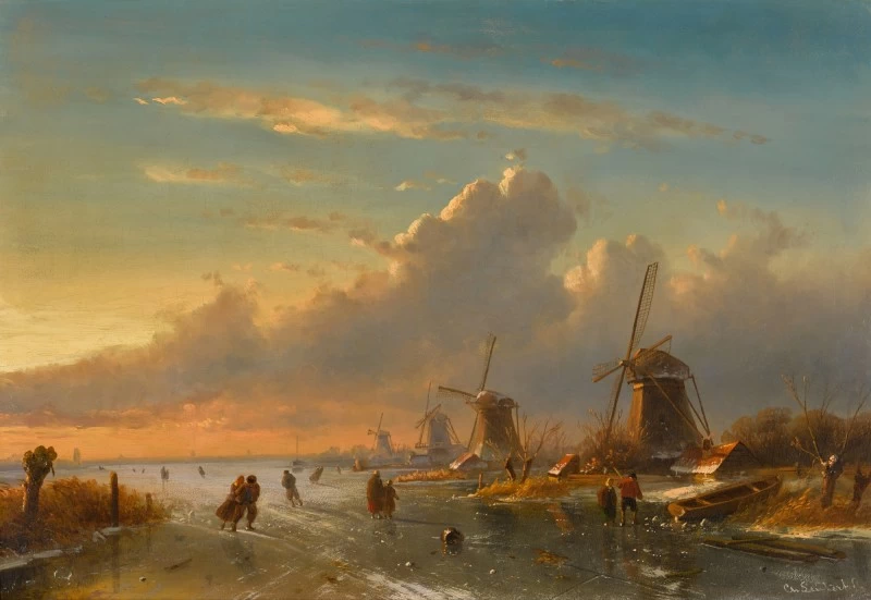 Charles Leickert - Pattinatori sul ghiaccio al tramonto